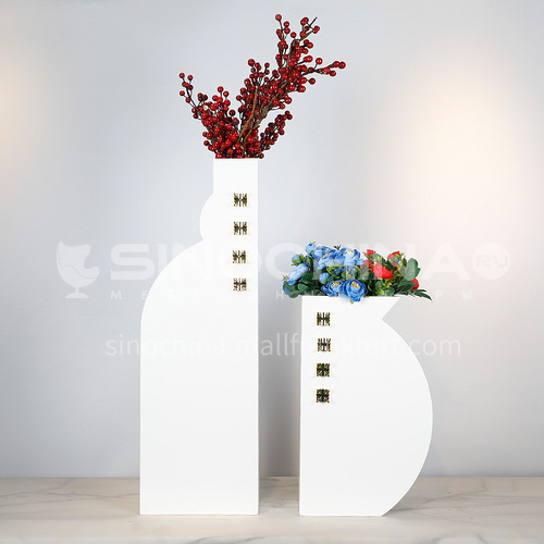 Bright white wooden floral ornaments, metal embellishment piano paint craft vase, home decoration FX-F0615